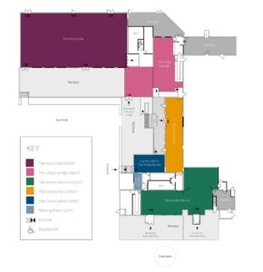 Venue layout with color-coded room sections