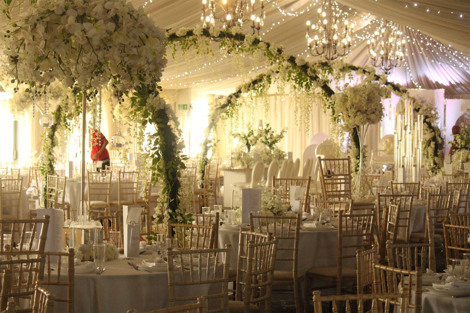 Elegantly decorated wedding venue with floral arrangements