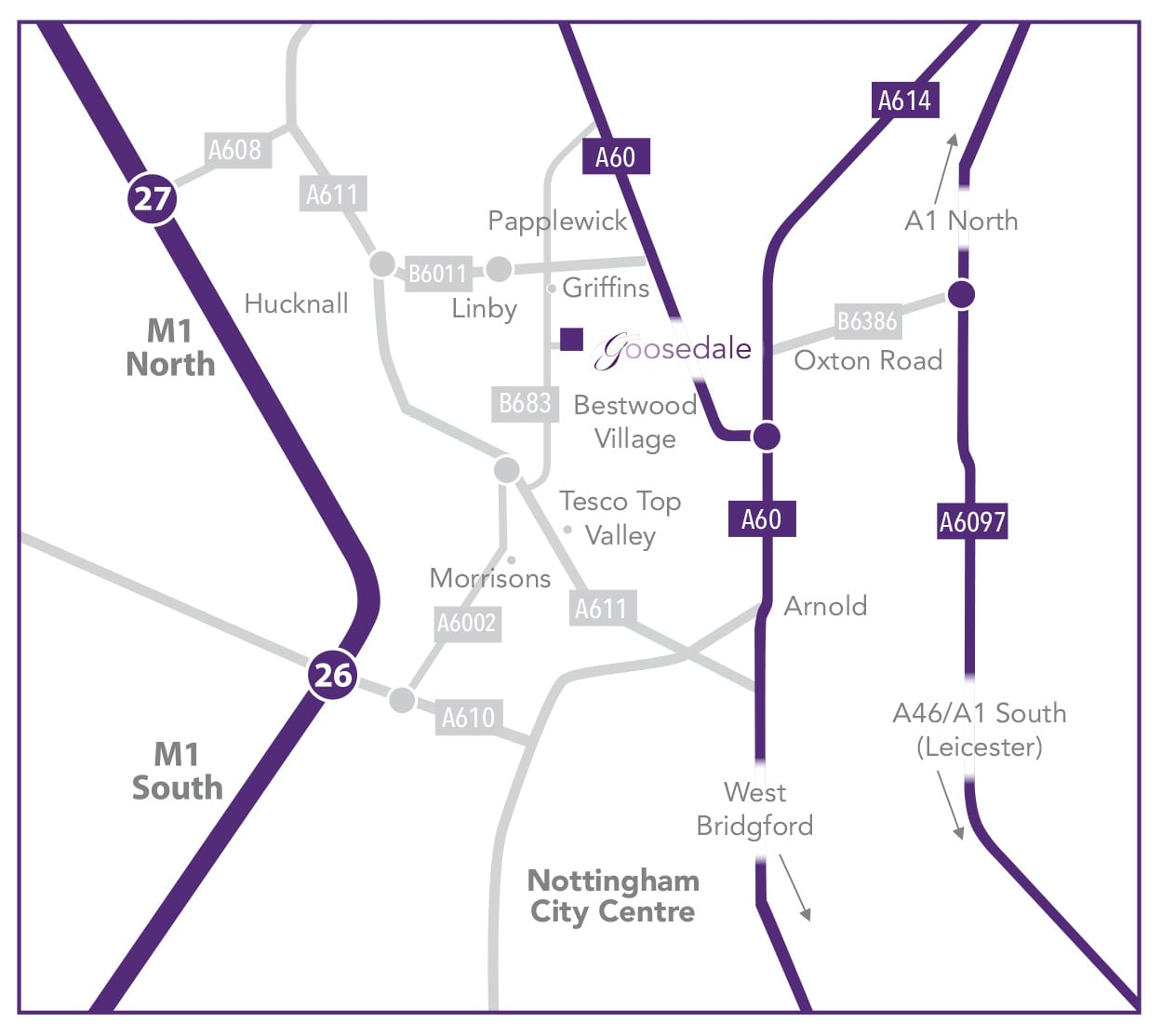 Goosedale venue location map showing major routes and landmarks