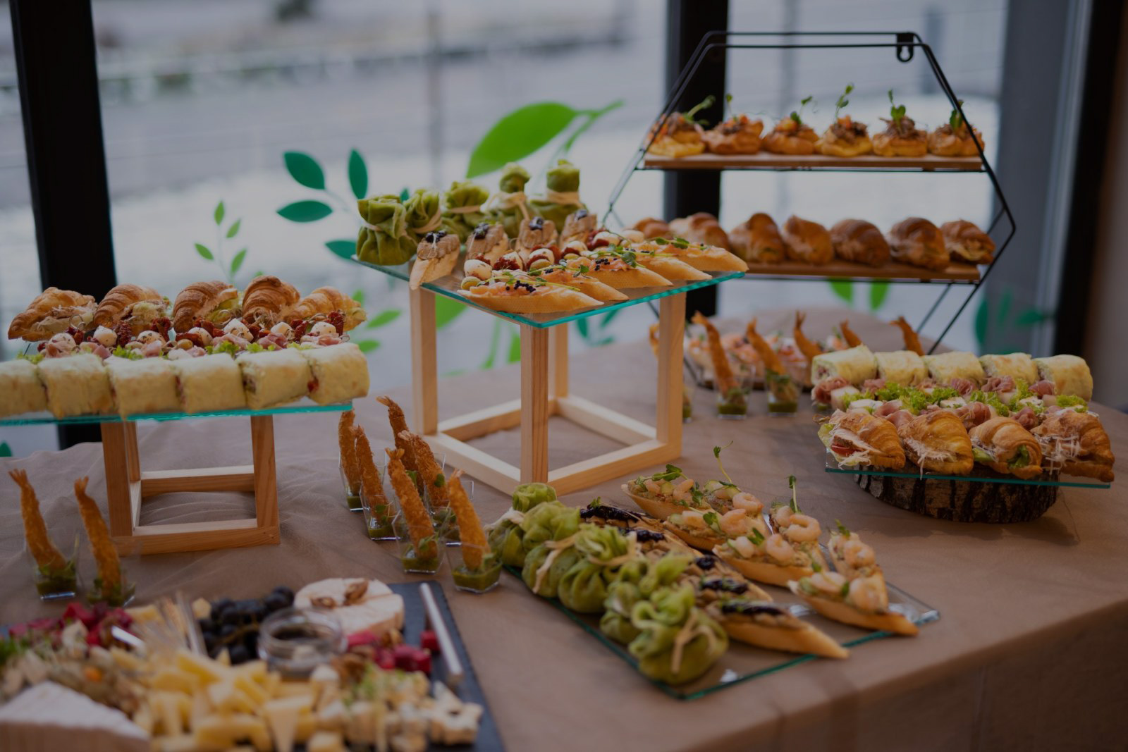 Buffet table with assorted finger foods